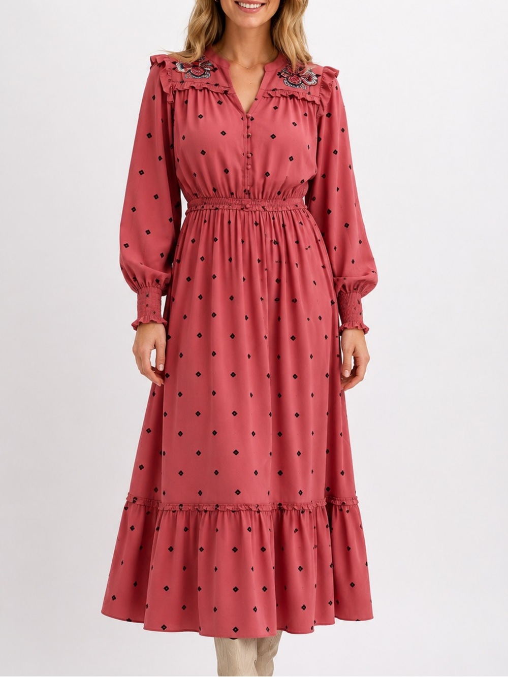 Farmers Market Berry Embroidered Floral Ruffle Boho Maxi Dress Small Viscose